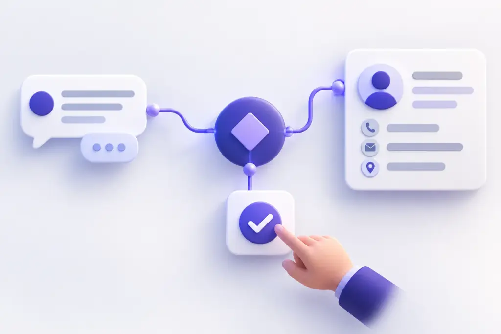 Il·lustració d’un assistent de consultes connectat a un CRM amb un punt de validació humana