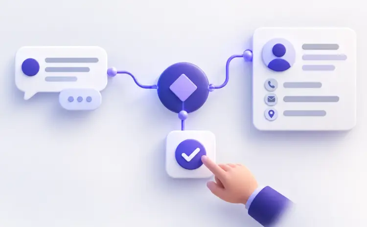 Ilustración de un asistente de consultas conectado a un CRM con un punto de validación humana